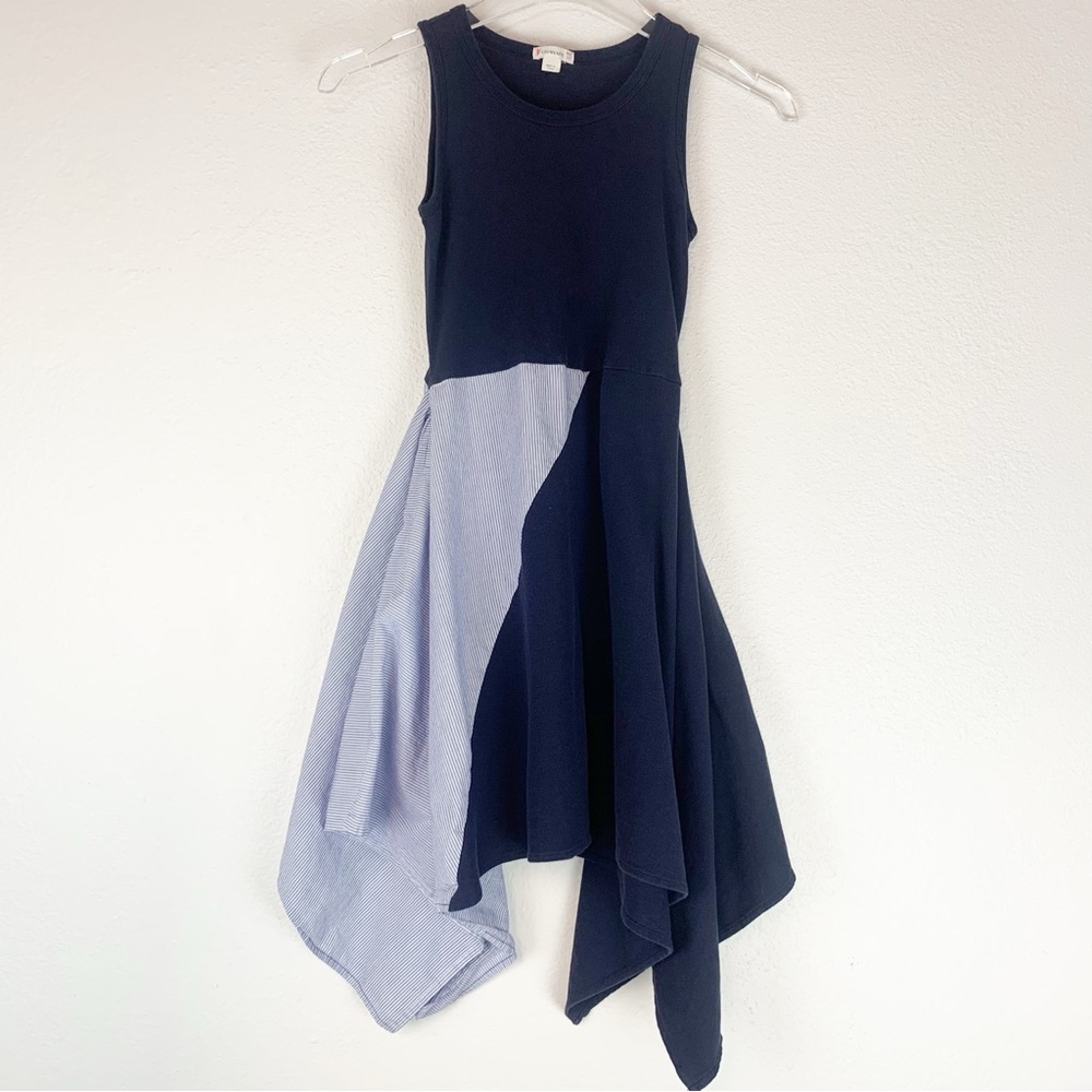 Crewcuts Dress Girls 10 Navy Blue Stripe Mixed Media Handkerchief Hem Sleeveless